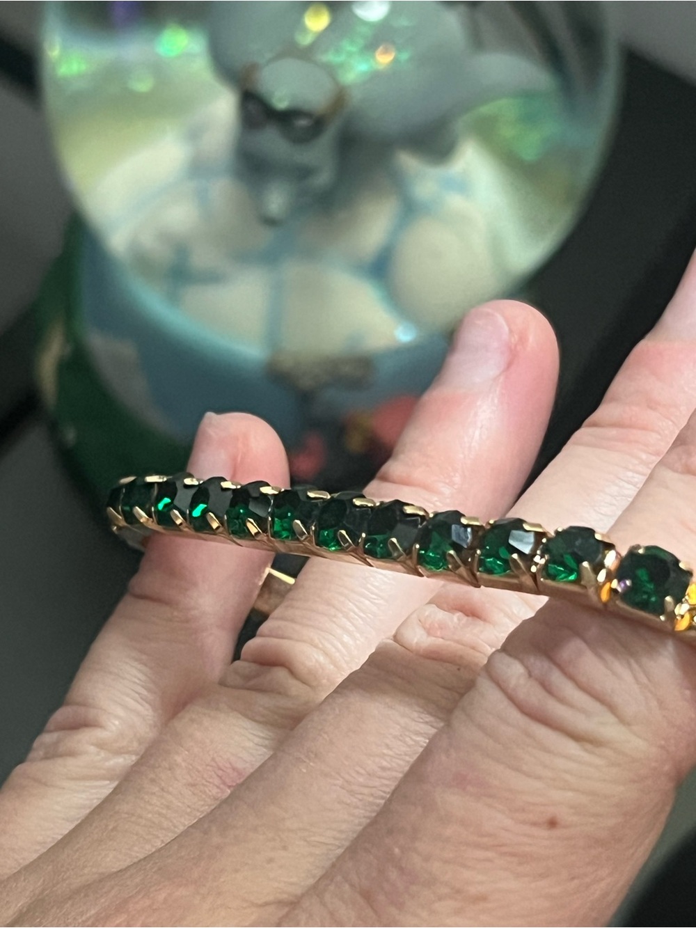 Emerald Green Rhinestone Tennis Stretch Bracelet Gold Tone